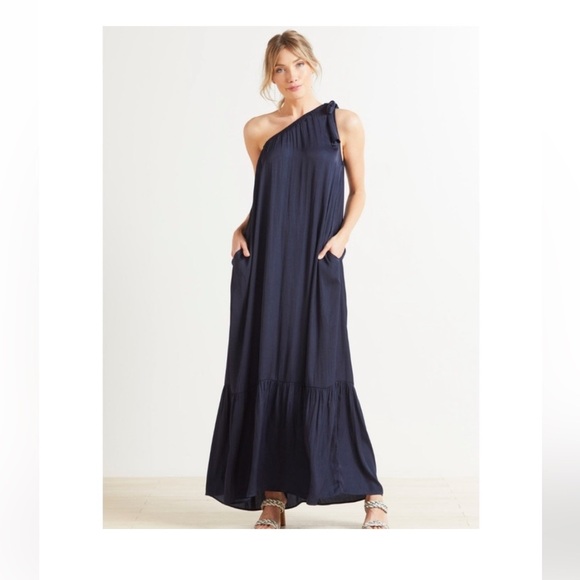 Evereve Hadley Maxi Dress One-Shoulder Tie, Navy Blue size Large ( A-5 ) - Picture 1 of 9